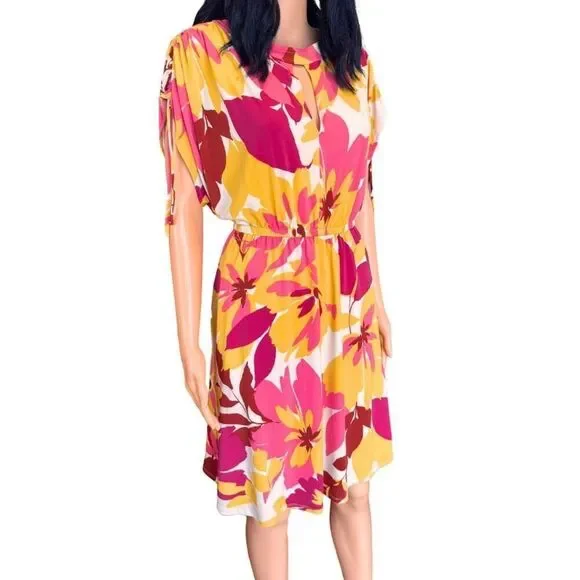 ✨ Maggy London Floral Matte Jersey Mini Dress 8 NWT Yellow Pink Short Sleeve - Picture 3 of 6